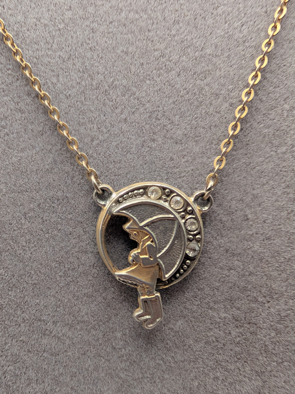 Vintage 1928 Morton Salt Girl Umbrella Rhinestone Pendant Necklace